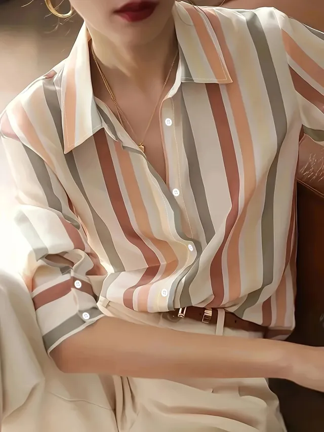 Ladies' Long sleeved Striped Printed Versatile Casual Shirt Brown - Shop at LoveMi