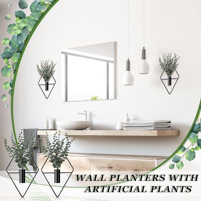 2 Pcs Hanging Artificial Planters Wall Decor With Eucalyptus Leaves Black Home Decoration