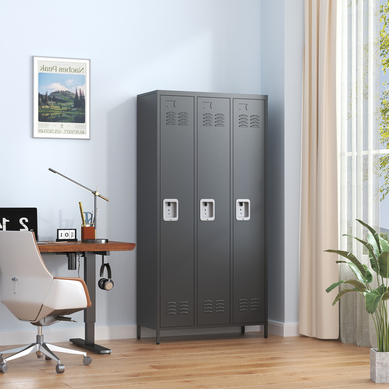3-Door 72in Steel Locker W Locks For Employees, Storage Cabinet For Home Gym Office School Garage, Gray,Black 8