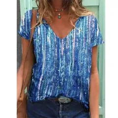 Summer Women's Top Loose Printing Short Sleeve V-Neck T-Shirt Women's Bottoming Shirt - Blue - View 1