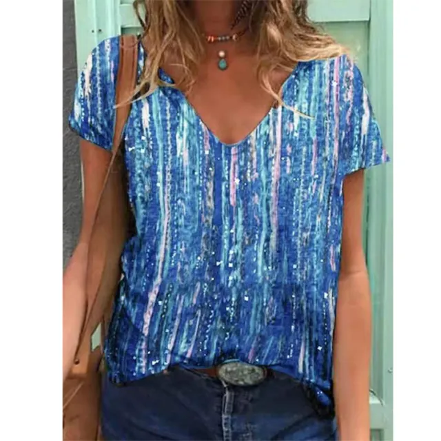 Summer Women's Top Loose Printing Short Sleeve V Neck T Shirt Women's Bottoming Shirt Blue - Shop at LoveMi