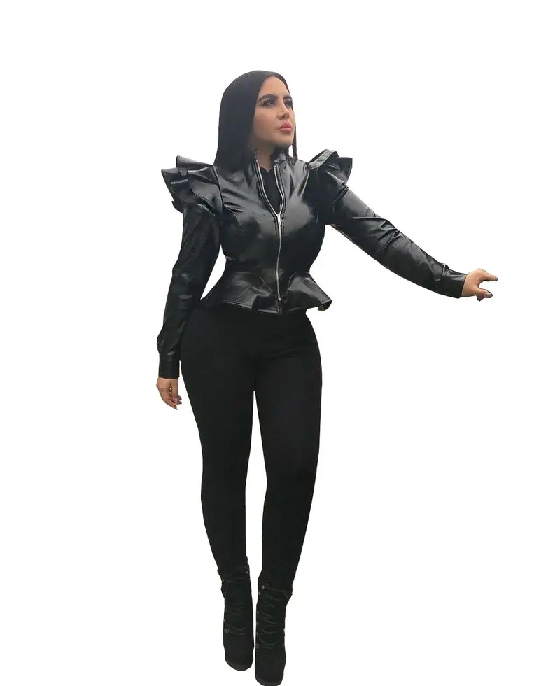Leather Casual Women's Ruffled Jacket