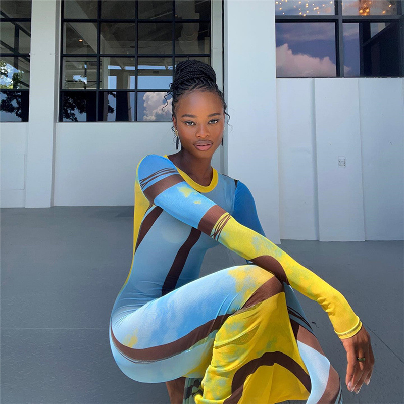 Mesh Stripe Print Perspective Slim Fit Wrap Hip Dress