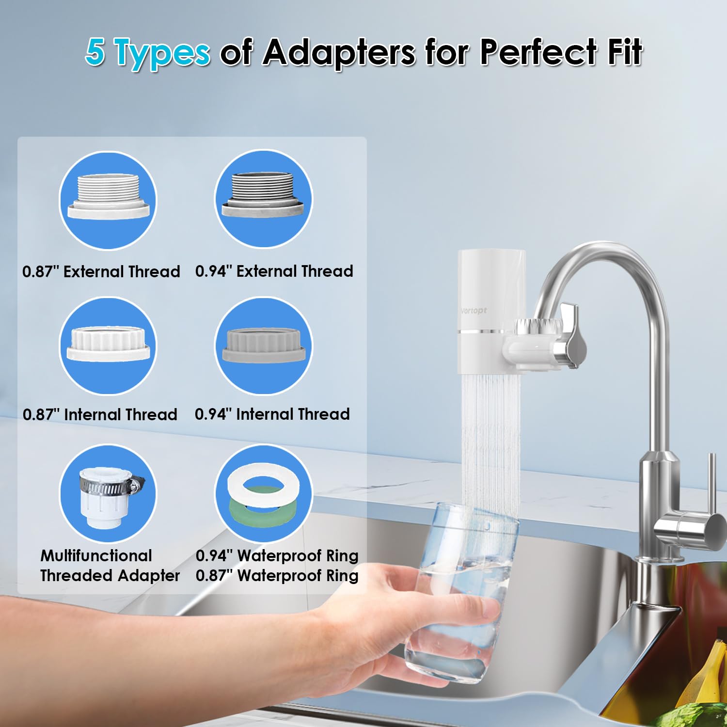 Vortopt Faucet Water Filter For Sink - NSF Certified Water Purifier For Faucet, 400 Gallons Faucet Mount Tap Water Filtration System For Kitchen, Bathroom, Reduces Lead, Chlorine, Bad Taste, T1