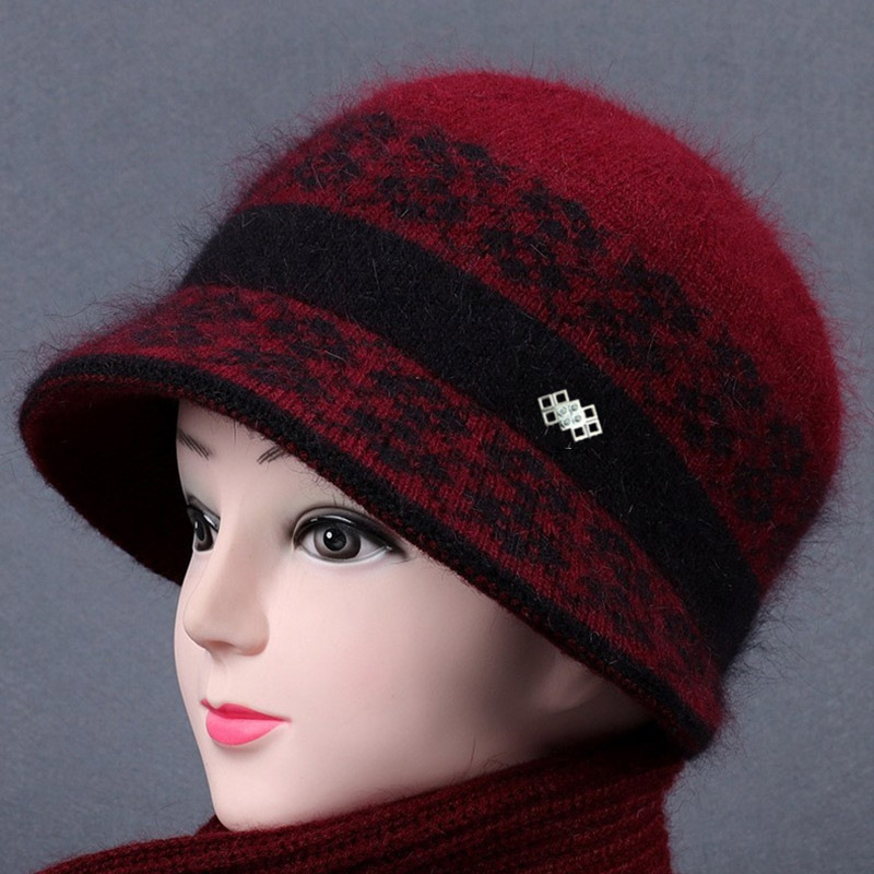 Plush Thick Old Lady Knitted Cotton Hat Wine Red - Shop at LoveMi