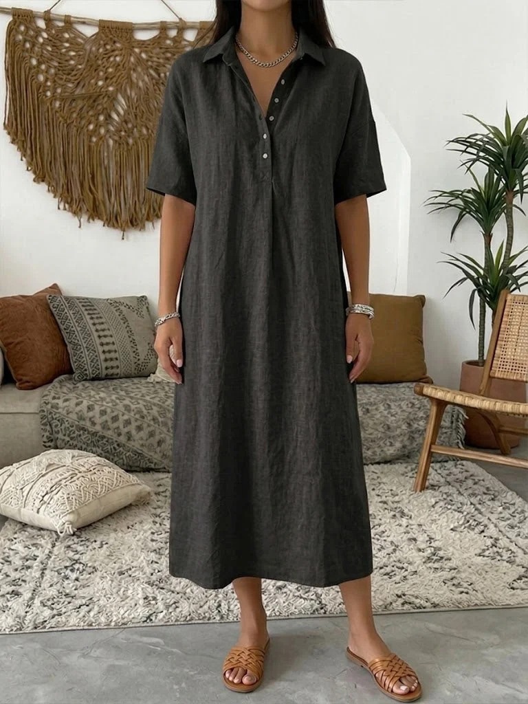 Casual Straight Linen Polo Collar Short Sleeve Dress