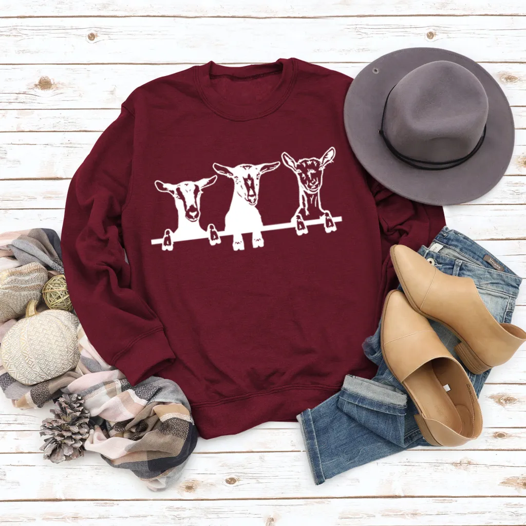 Cute Alpaca Print Casual Crew Neck Sweatshirt - Burgundy
