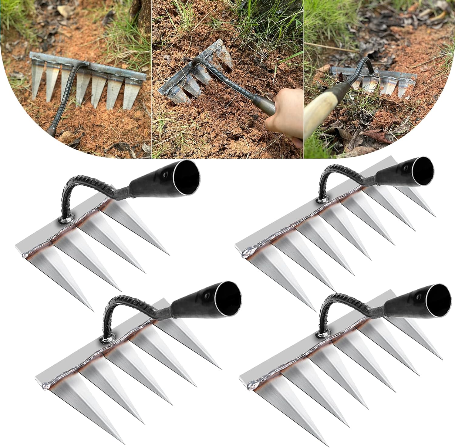 Iron rake with handle for gardening and weeding purposes