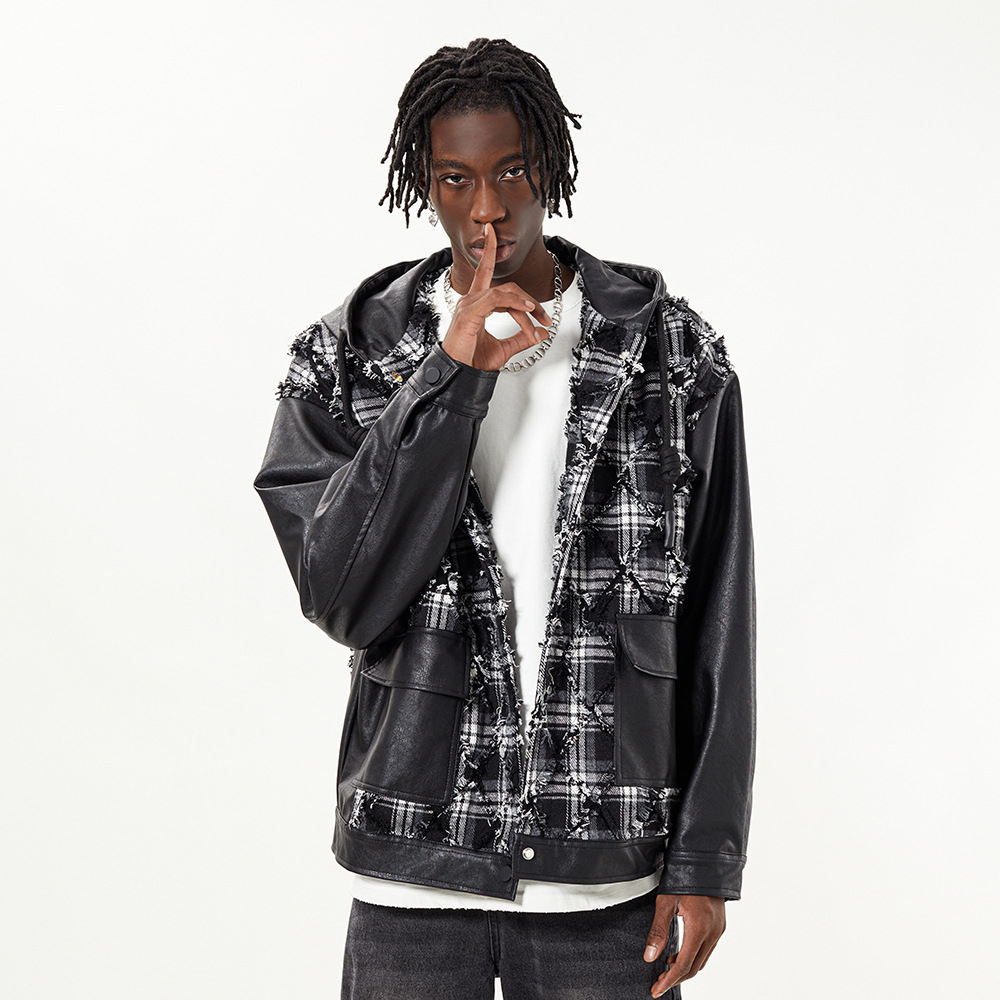 Fake Two-piece PU Leather Stitching Contrast Color Coat