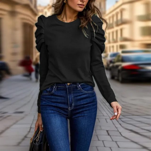 Women's Elegant Puff Sleeve Top, Ruffle Detail Long Sleeve Knit Blouse For Autumn And Winter Black - Shop at LoveMi