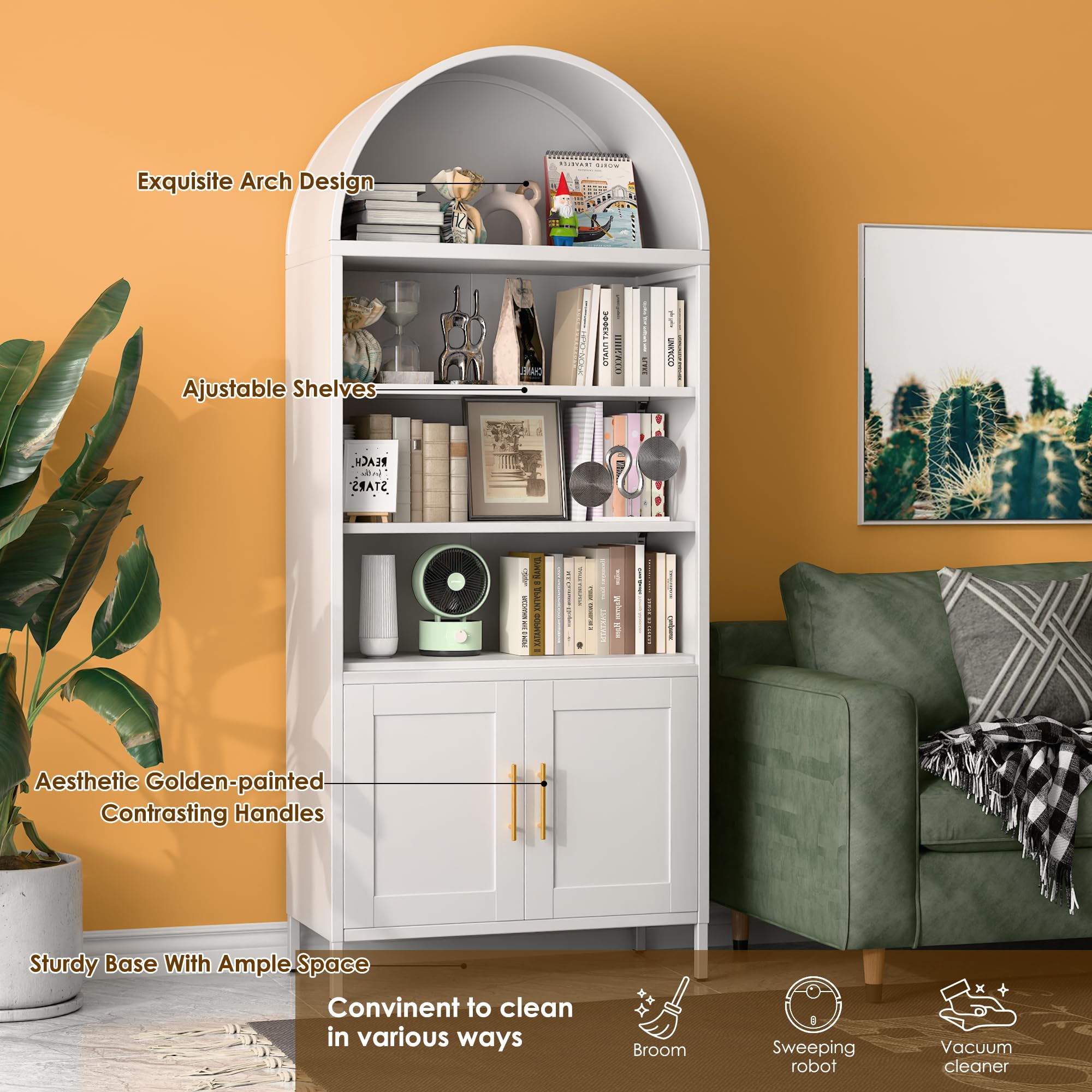 72.83inch H Metal Arched Bookcase, Freestanding Arched Bookshelf For Home Office,Assemble Require, White