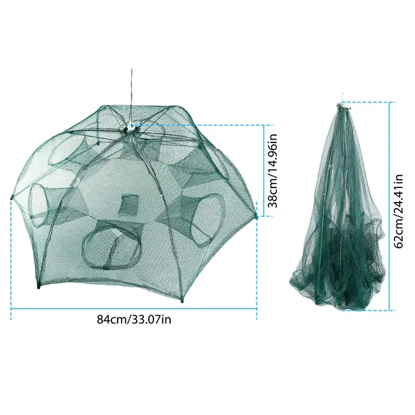Fishing Trap Net Portable Folded Fishing Bait Trap Shrimp Minnow Crab Bait Net 6 Sides 6 Holes Crayfish Cast Mesh Trap Automatic