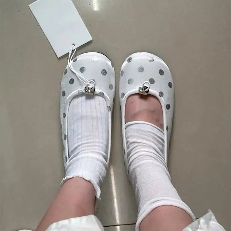 Women French Gentle Silver Polka Dot Satin Ballet Flats, Round Toe Front Metal Knot Soft Silk Fabric Slip On Minimalist Casual Daily Ballerina Loafer Slippers