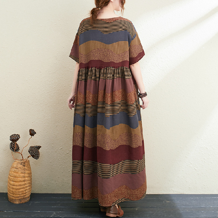 Cotton And Linen Print Short-sleeved Belly-covering Slim Dress