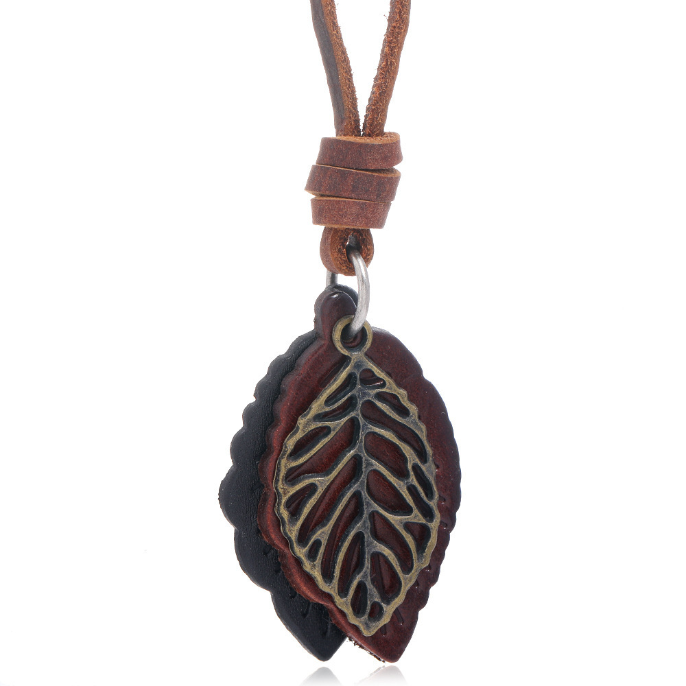 Vintage Leaf Pendant Cowhide Necklace Simple Leather Rope