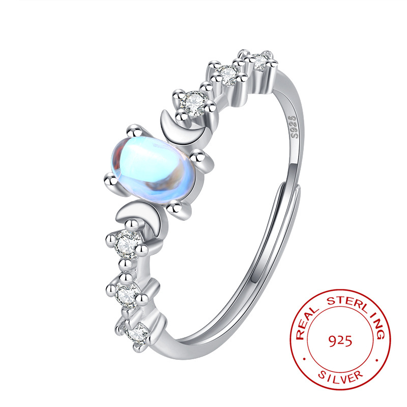 S925 Sterling Silver Moonstone Ring Female Elegant Jewelry Opening