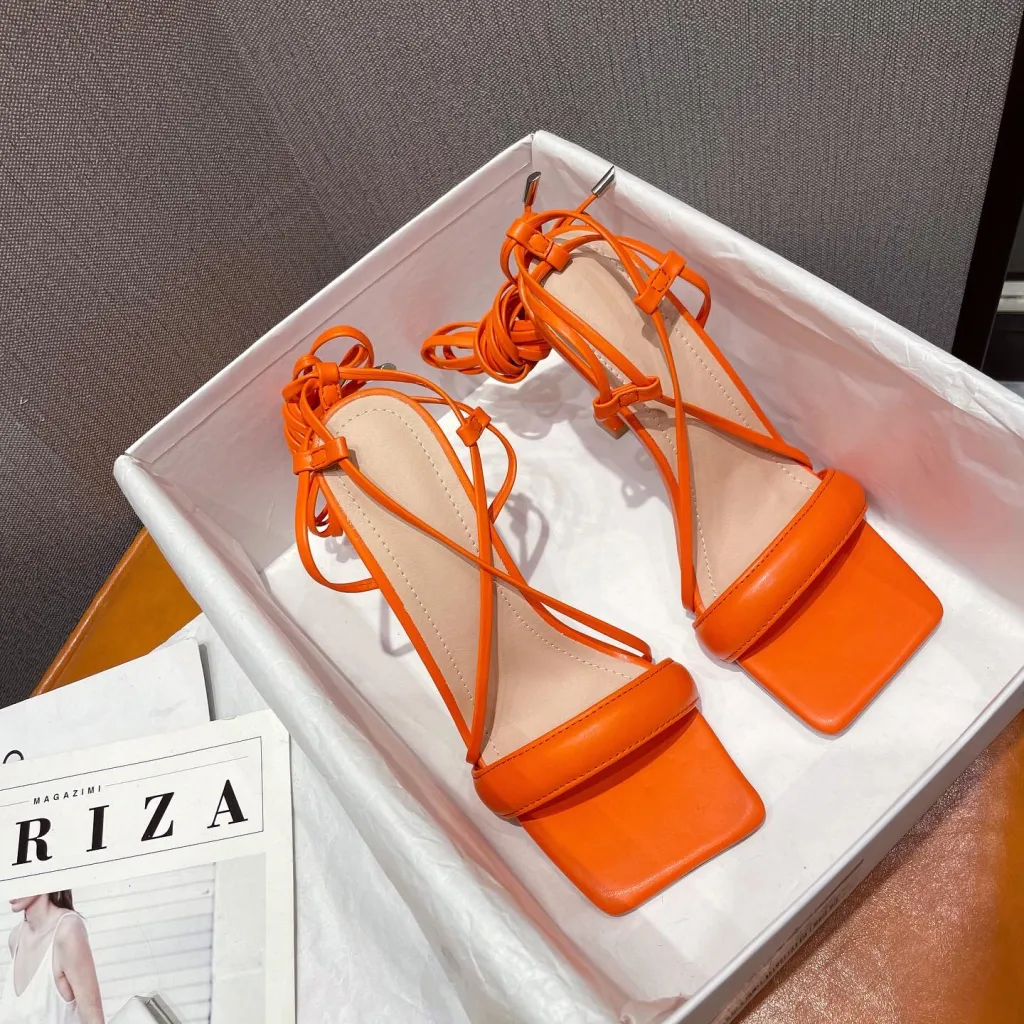 Stiletto Cutout Ankle Strap Stiletto Heels - Orange