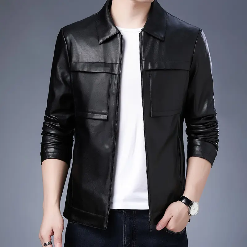 Men's Motorcycle Leather Jacket Slim Lapel Casual