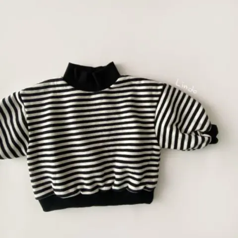 Striped Half High Neck Loose Fit Fleece Top