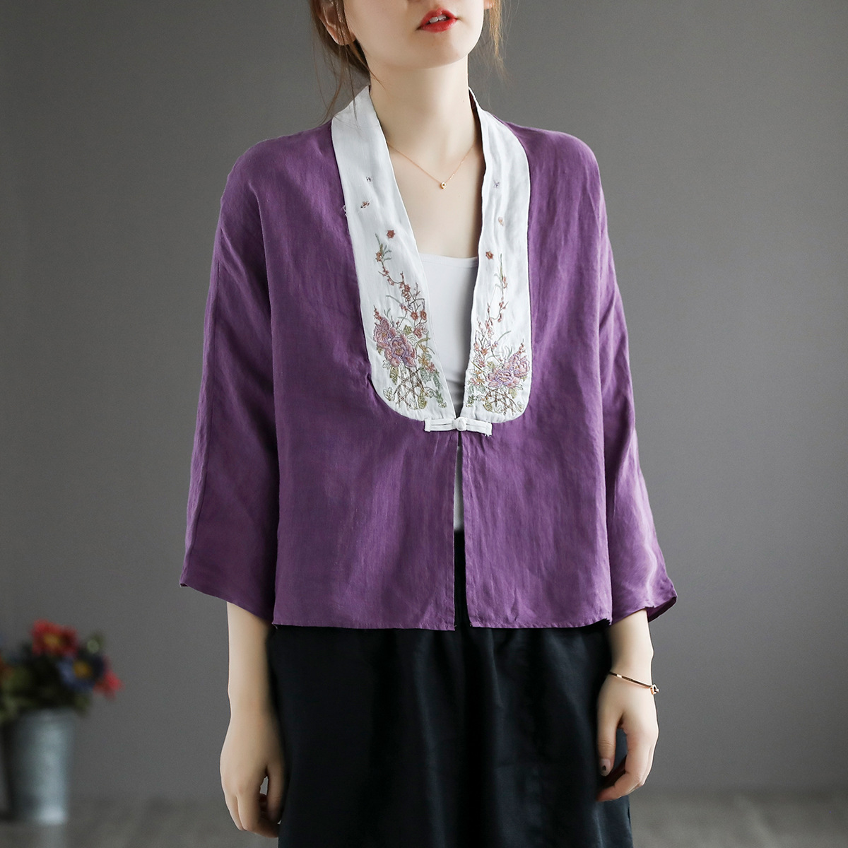 Embroidered Loose Disc Button Thin Cardigan
