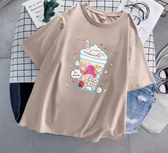Loose Korean Style Cotton Short Sleeved T Shirt Apricot - Shop at LoveMi