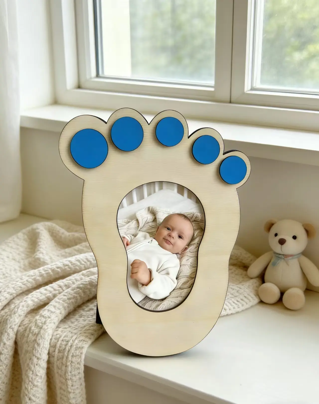 Baby Footprint Wooden Photo Frame, DIY Writeable Newborn Keepsake Picture Frame, Natural Wood Baby Shower Gift For Infant Boys Girls