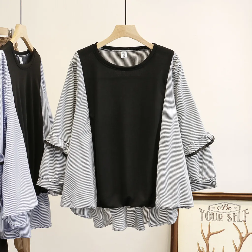 Korean Version Of Plus Size MM Loose Stitching Double Layer Three-quarter Sleeve Pullover Shirt - Black