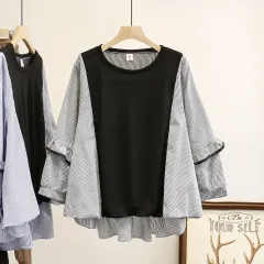 Korean Version Of Plus Size MM Loose Stitching Double Layer Three-quarter Sleeve Pullover Shirt - Black - View 1