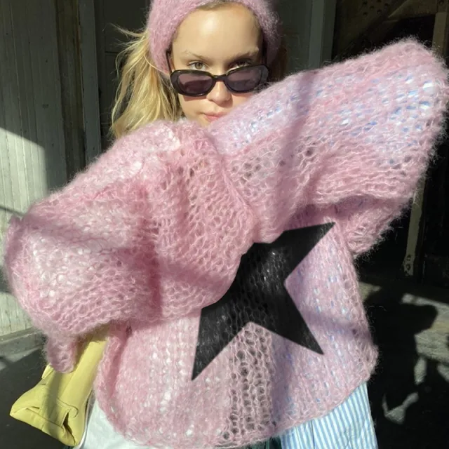 Round Neck Pullover Knit Haimao Star Sweater Pink - Shop at LoveMi