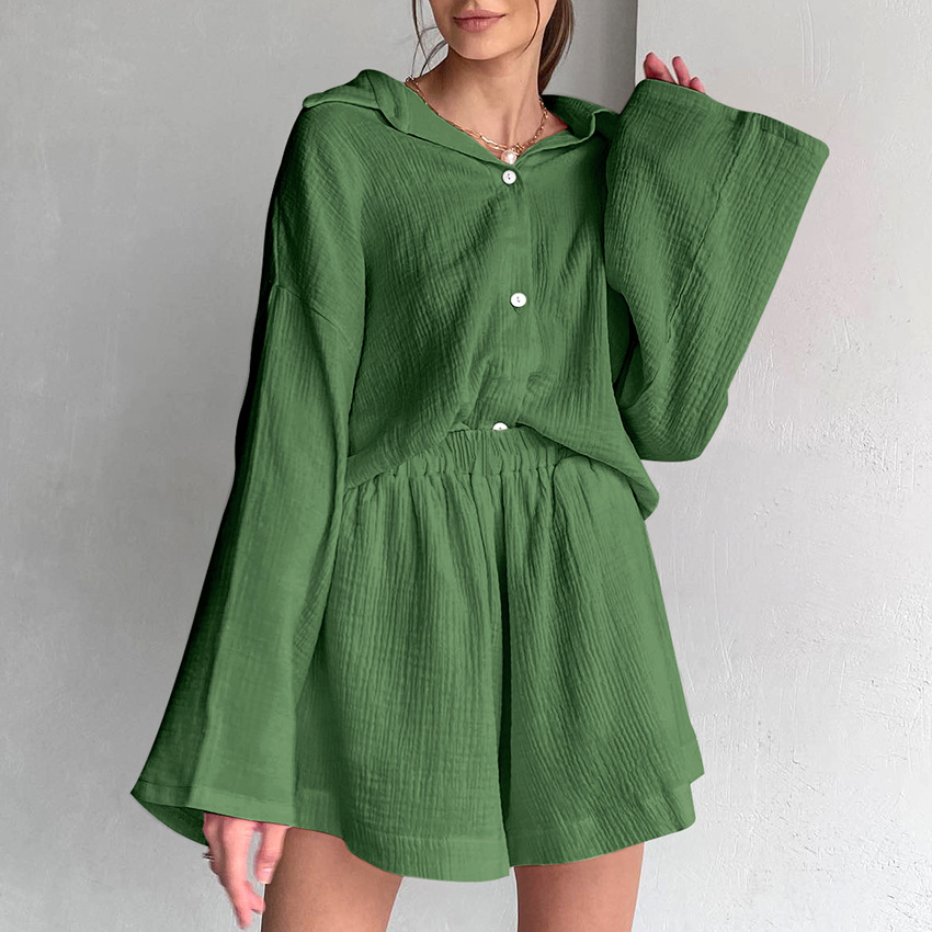 Women's Fashion Casual Cotton Long Sleeve Shirt Wide-leg Pants Suit