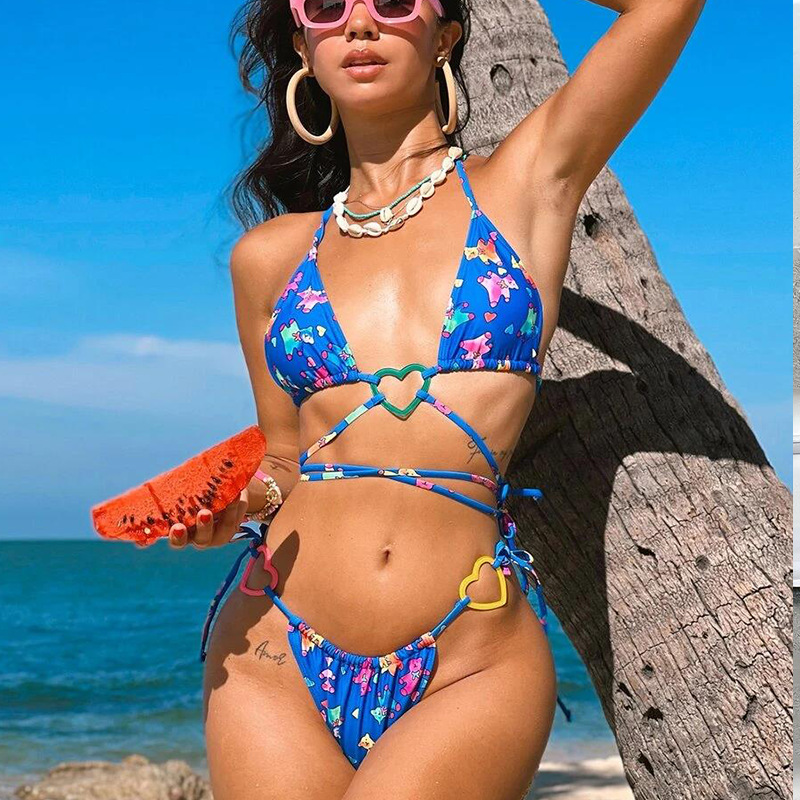 European And American Blue Print Bear Bikini