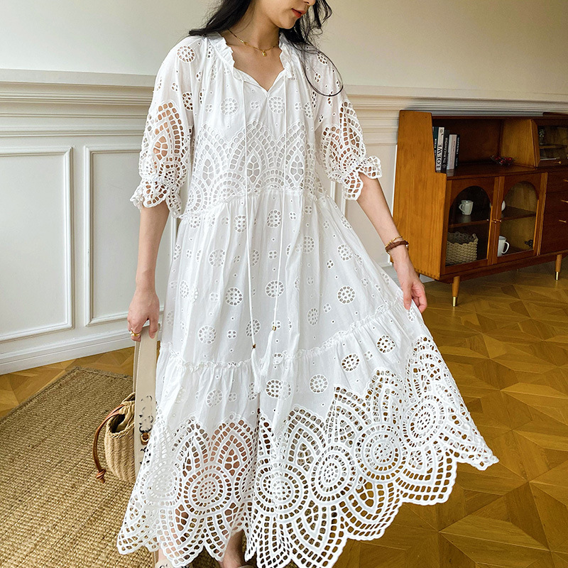 Women's Embroidered Dress White Vacation Style — image 1