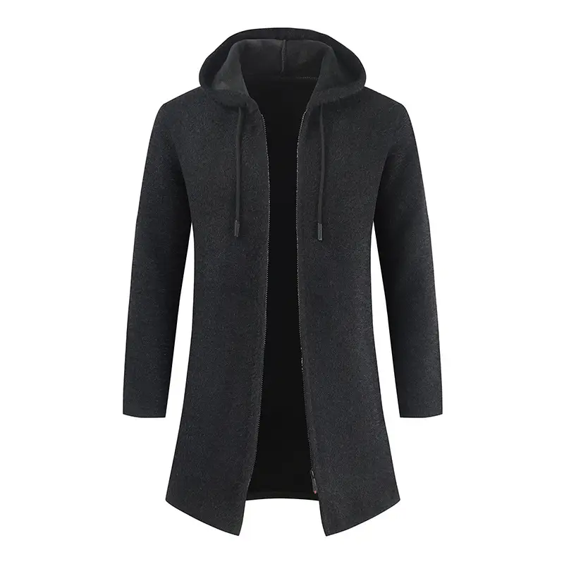 Men's New Solid Color Cashmere Knitting Cardigan Hooded Medium Long Sweater