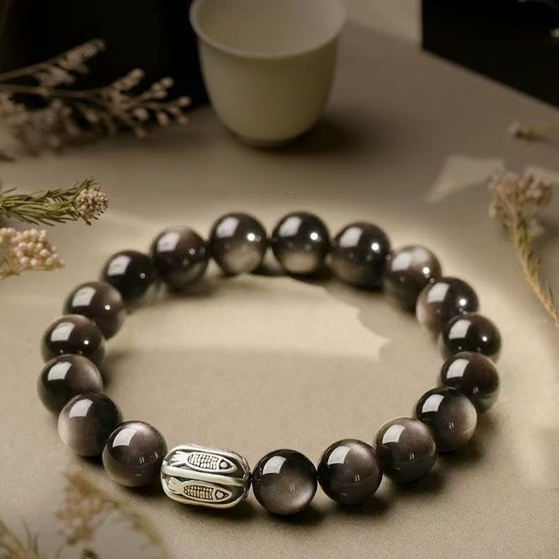 Natural Silver Sheen Obsidian Bracelet Silver Engraved Bead Round Chain Unisex Protection Energy Jewelry