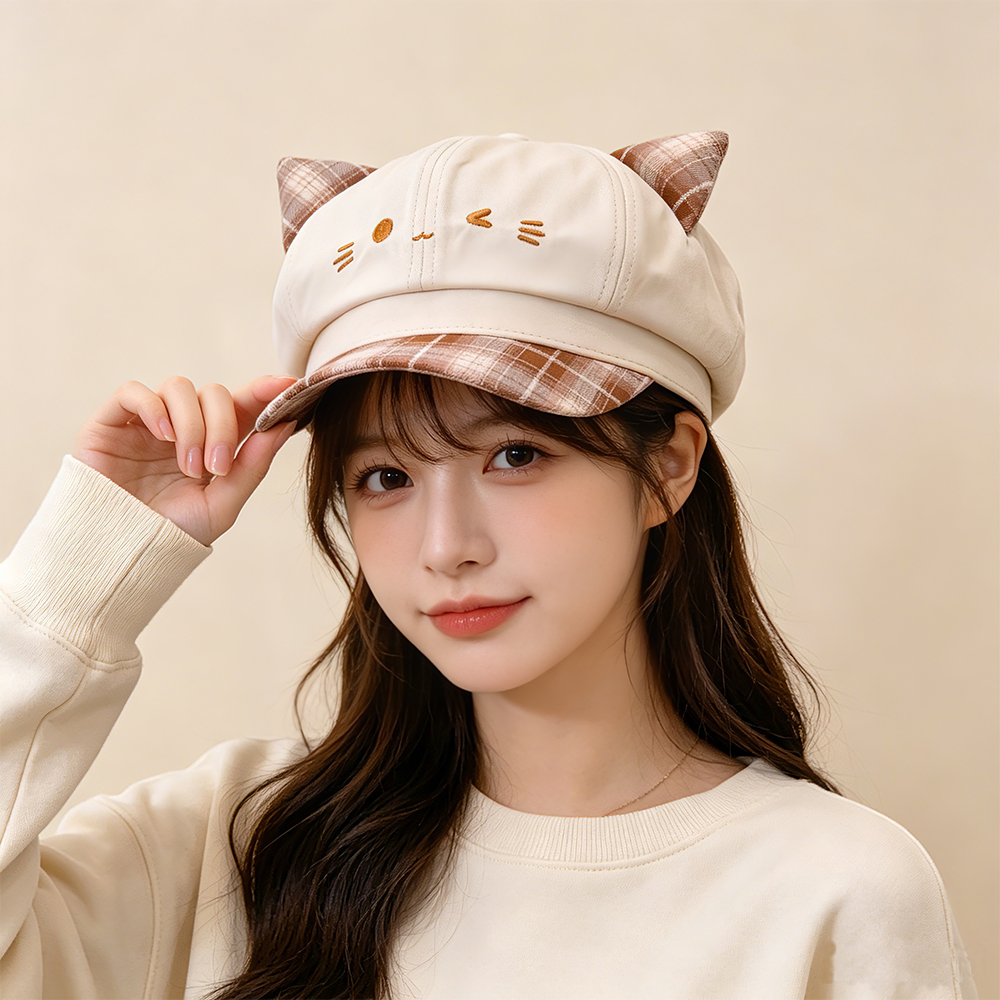 Korean-style Cute Cat-ear Patchwork Checkered Newsboy Hat For Autumn And Winter, Versatile And Suitable For All Occasions, Soft And Sweet Girl's Sweet Bloom Hat