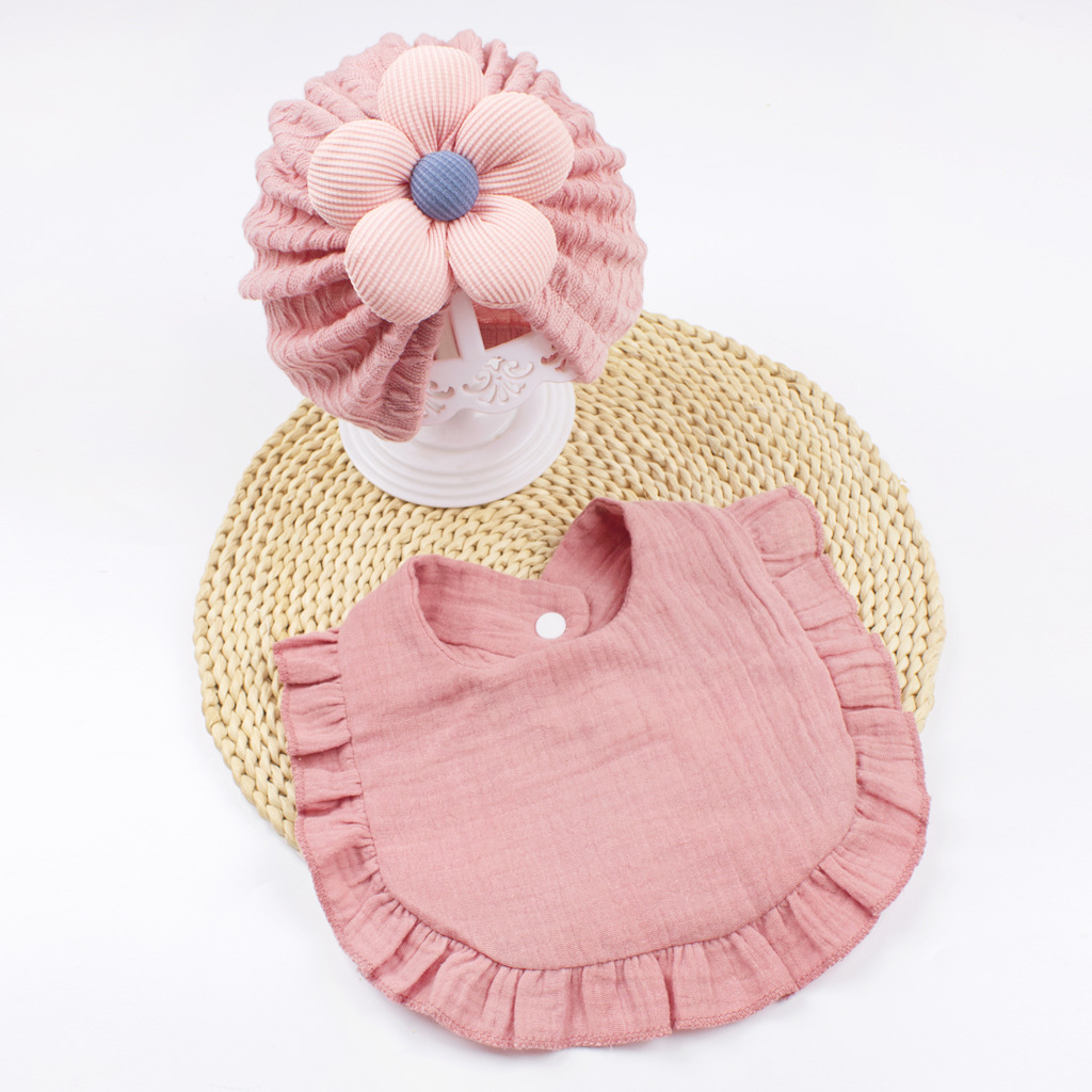 Newborn Baby Hat & Bib Set - Muslin Drool Bibs With Frilly Trim  Soft Organic Cotton Bonnet Bandana Drooling Accessories For Infants — foto 2
