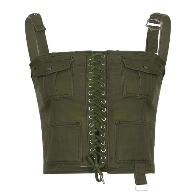 Crossed Corns Lace up Bra Work Dress Women's Vest Army Green - Shop at LoveMi