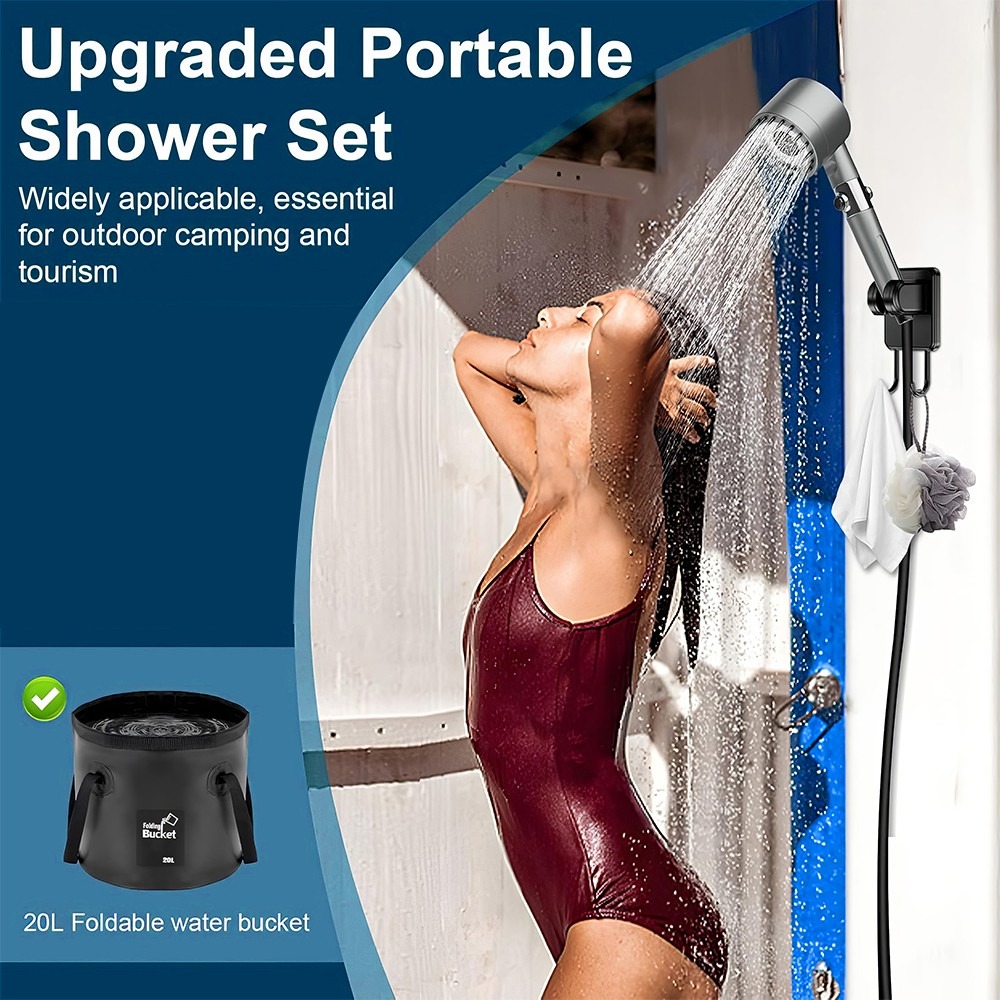 Portable Shower Pump USB Rechargeable W 20L Collapsible Bucket Camping Wash — image 3