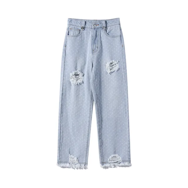 Women's Ripped Jeans All Match Casual High Waist Trousers Blue - Shop at LoveMi