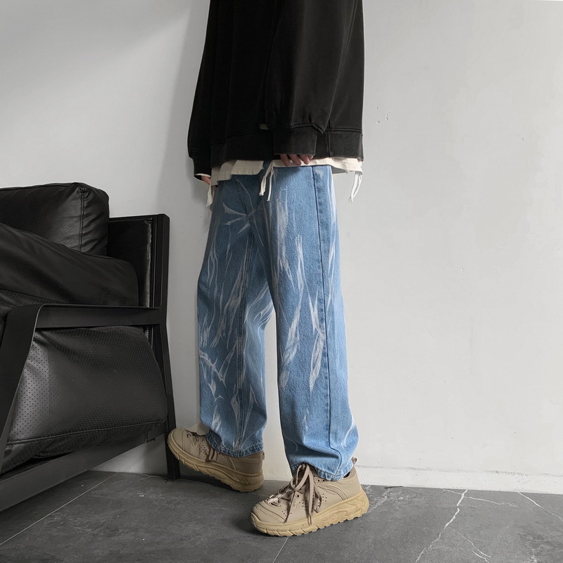 Men's Straight Black Tie Dye Jeans Loose