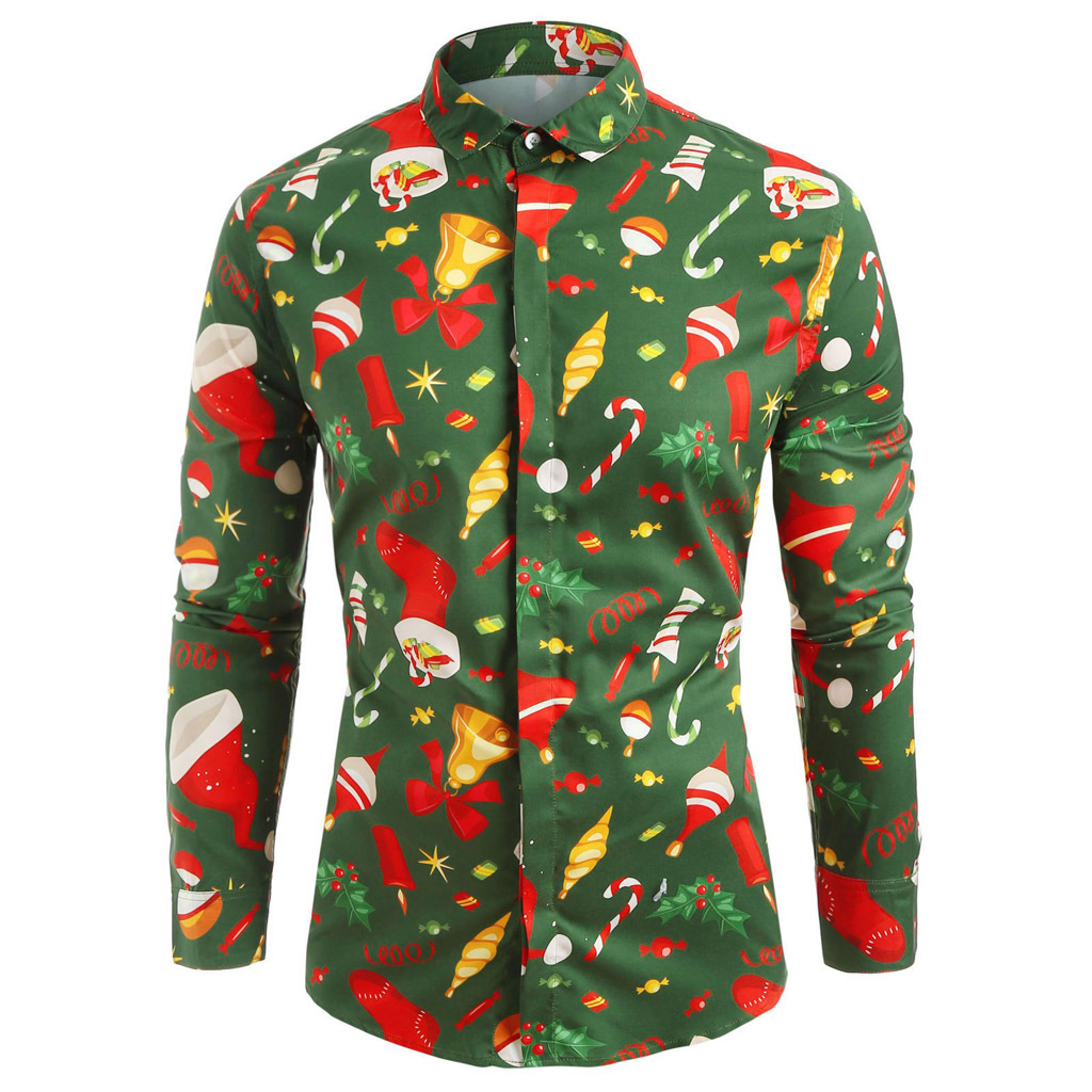 Men's Long-sleeved Christmas Flower Shirt Casual Print Plus Size