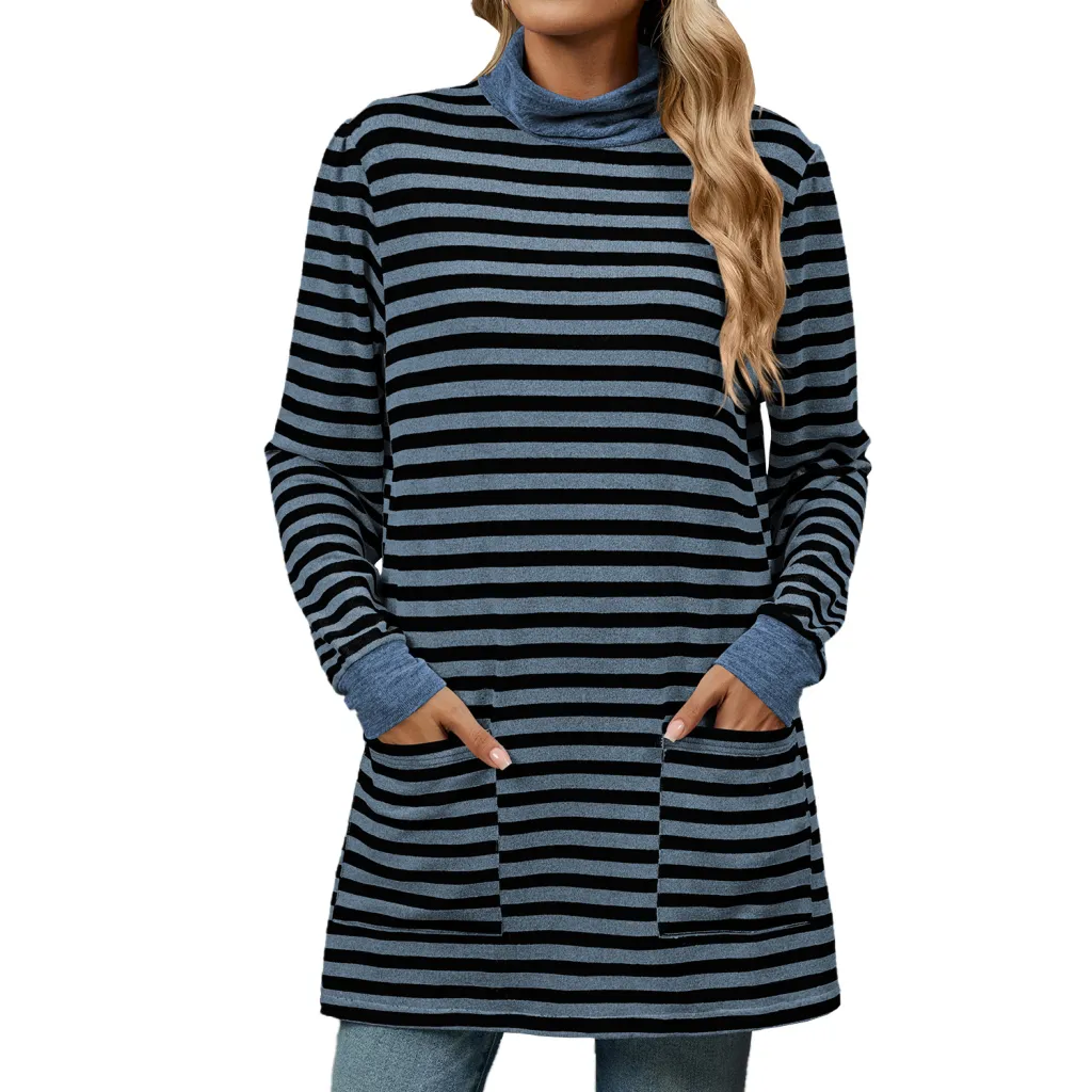Fashion Striped Print Long Sweatshirt With Pocket Loose Long Sleeve Pullover T-shirt Top For Womens Clothing - Blue