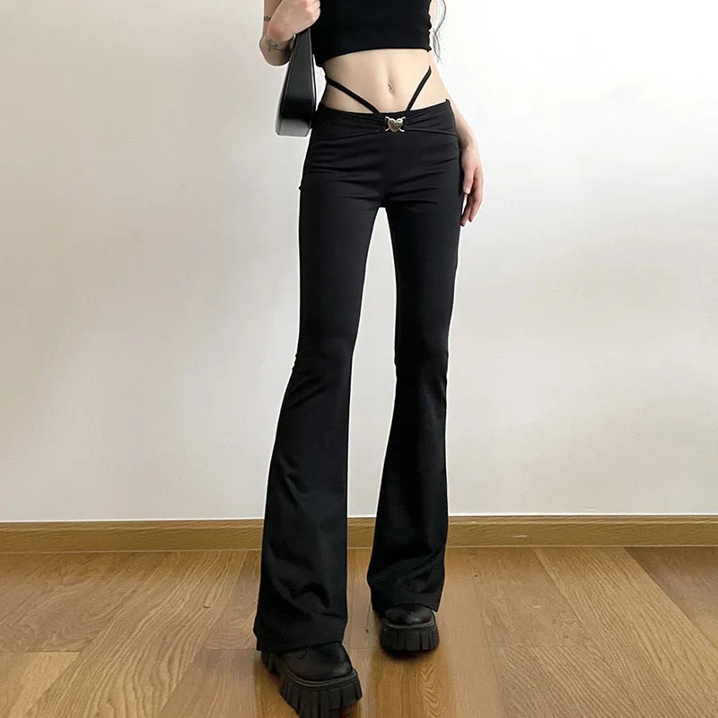 Low Rise Lace Up Sexy Metal Trim Flared Knit Skinny Straight Slack Trousers - Black
