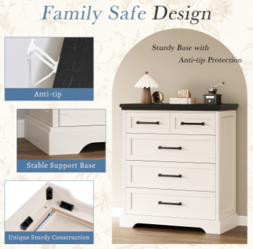 Only Do One Dropshipping Service----Country-style Five-drawer Chest Of Drawers, Black And White Contrasting Solid Wood Drawer Cabinet, Bedroom Storage And Storage Cabinet image 3