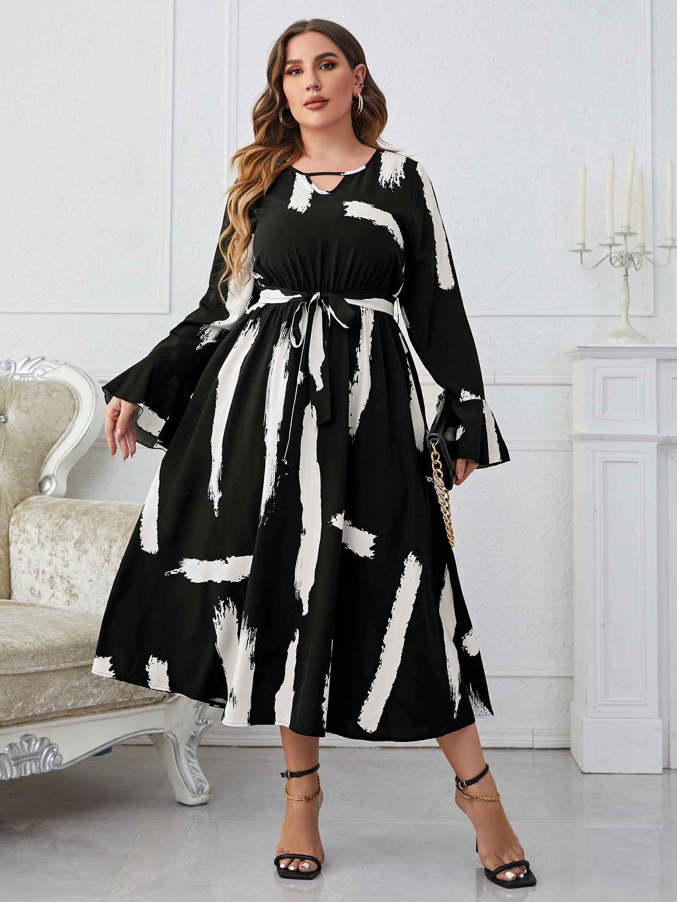 Women's Fashionable Black And White Neckline Flared Dress