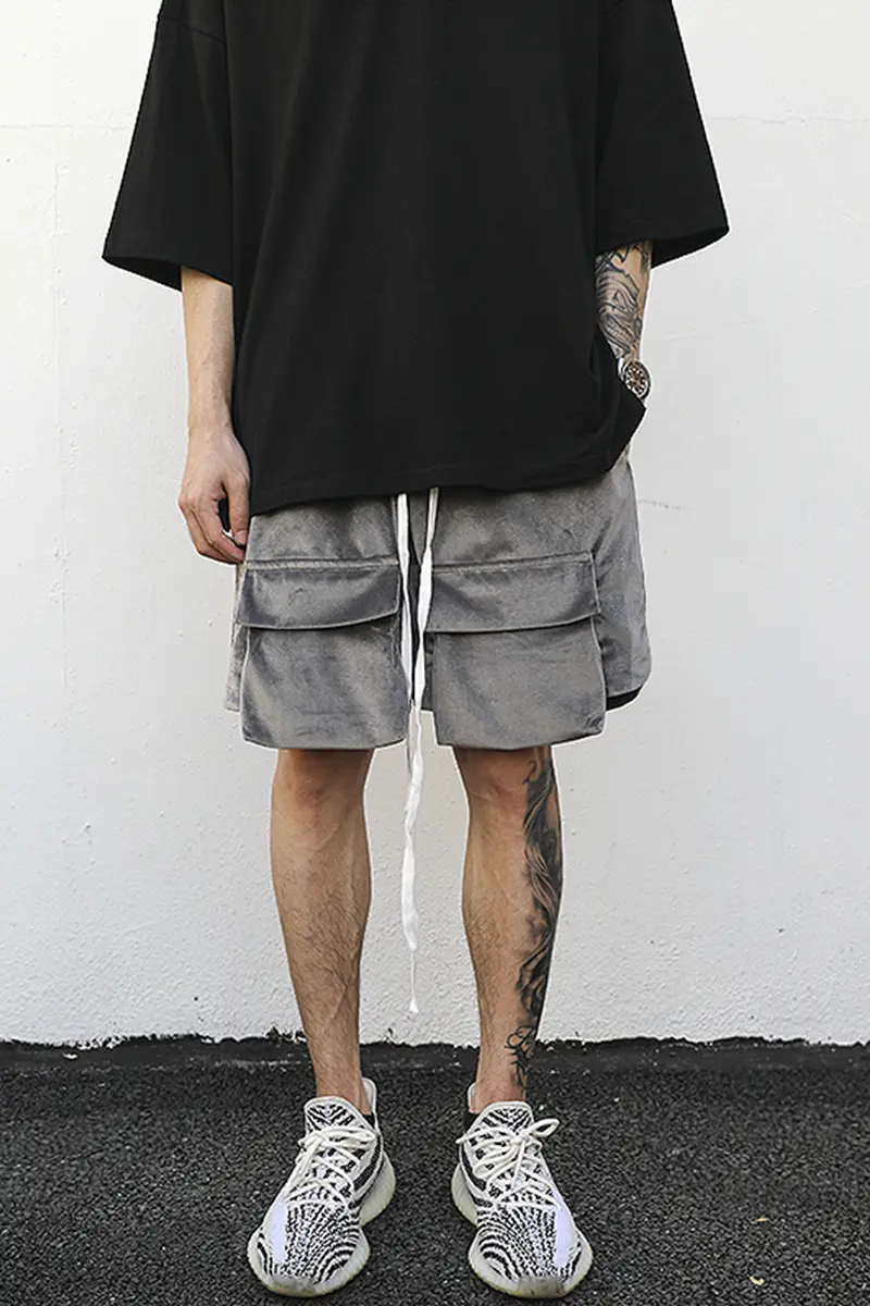 Body Cut Velvet Loose Shorts With Large Pockets And Slits