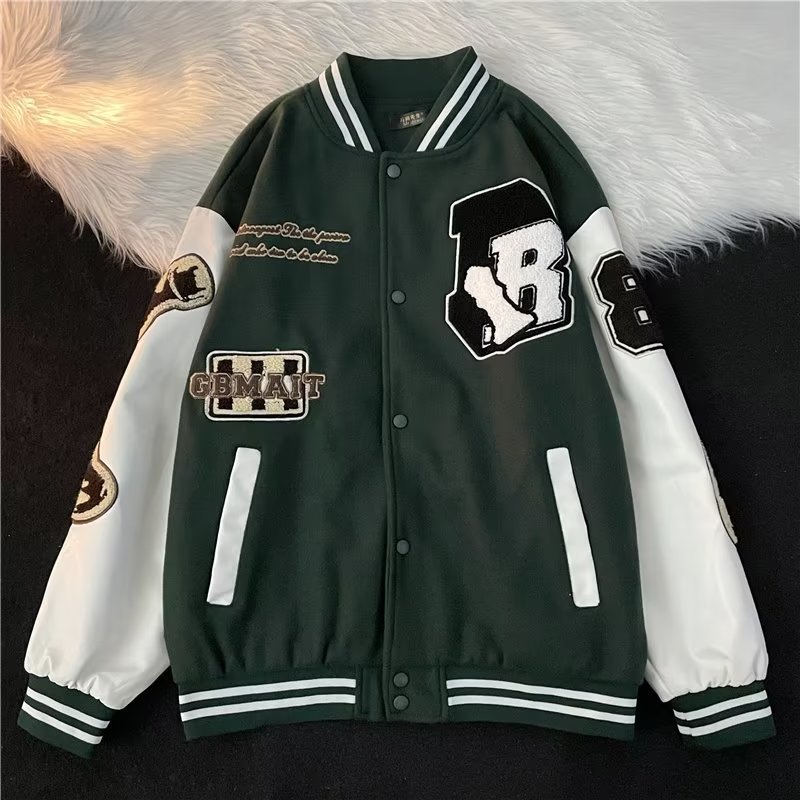 Retro Flocking Embroidered Wool And PU Leather Baseball Jacket