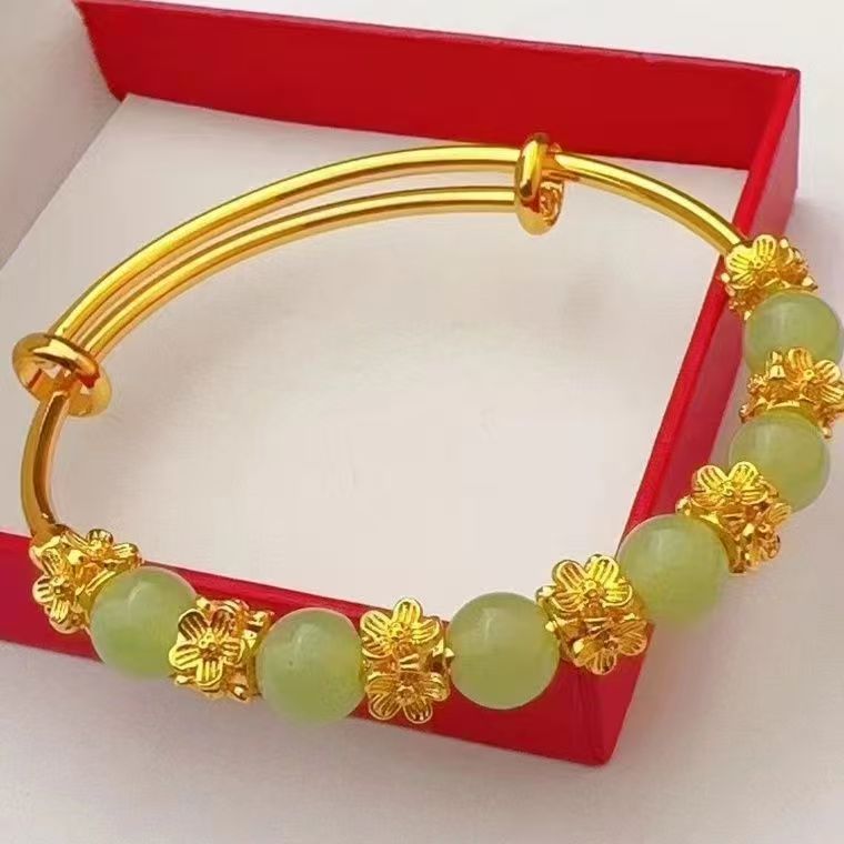 Brass Gold-plated Chalcedony Flower Pull Bracelet Hand Accessory Ancient Style Women's Light Luxury Versatile High-end Feeling Bracelet - Image 3
