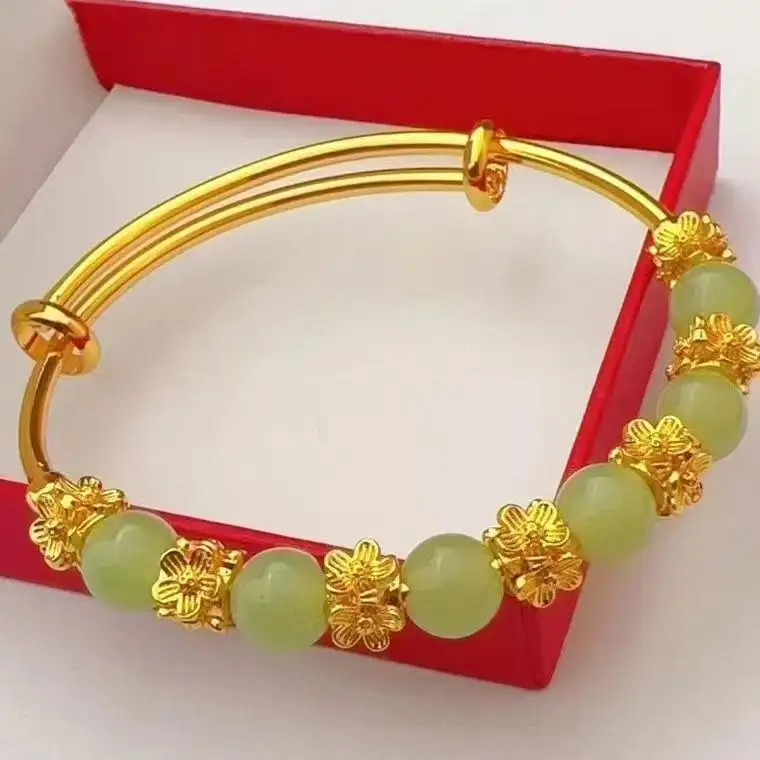 Brass Gold-plated Chalcedony Flower Pull Bracelet Hand Accessory Ancient Style Women's Light Luxury Versatile High-end Feeling Bracelet