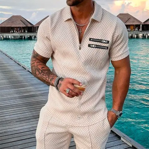 Men's Summer Fashion 3D Printed Short Sleeve Geometric Zip